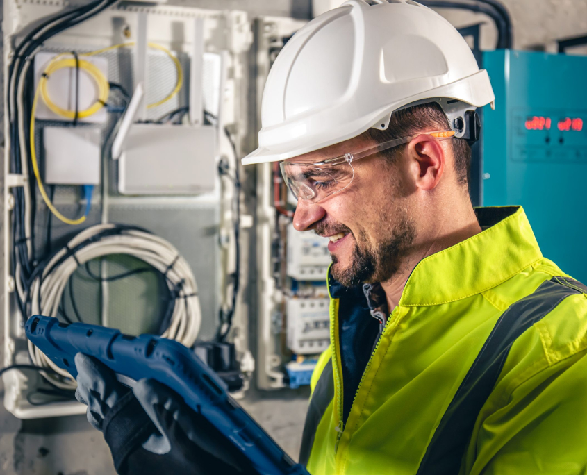 man-electrical-technician-working-switchboard-with-fuses-uses-tablet-scaled