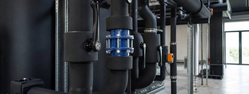 Geïsoleerde koudwaterleidingen met zorgvuldig afgewerkte aansluitingen in een technische ruimte