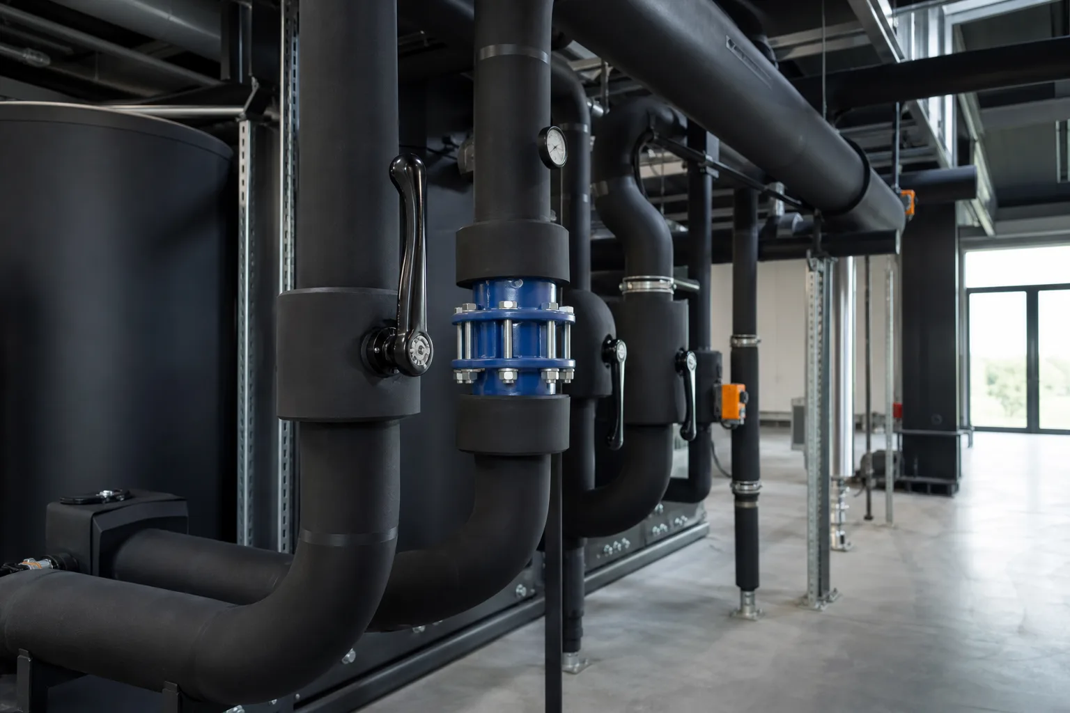 Geïsoleerde koudwaterleidingen met zorgvuldig afgewerkte aansluitingen in een technische ruimte